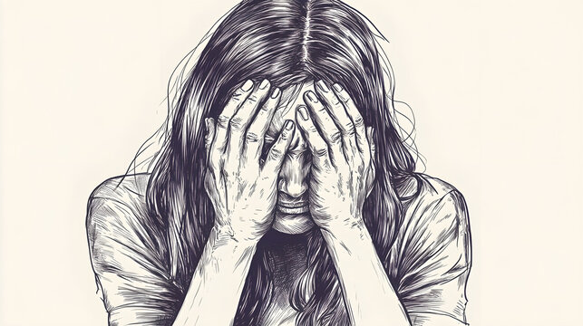 Facepalm woman drawing, disappointment guy sketch, sad covering face with hands, illustration