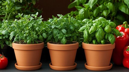 Kitchen garden with a variety of herbs like oregano, rosemary, and basil growing in clay pots, surrounded by tomatoes and peppers, with a soft breeze under the afternoon sun 