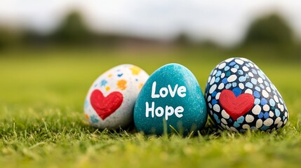 Kindness rocks painted with positive words like Love and Hope scattered on a grassy field, vibrant colors popping against the green for World Kindness Day  © fotogurme