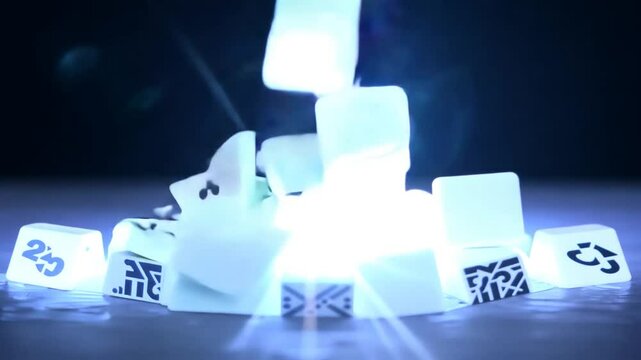 Abstract close-up image of metallic puzzle pieces scattered on a dark surface.