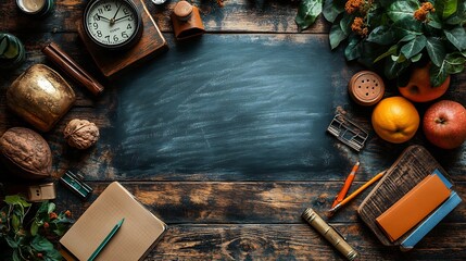 Chalkboard with a rustic wooden table displaying school supplies and an alarm clock offering a copy space for a Teacher's Day message minimalistic and warm tones