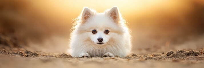 Obraz premium A small white dog sits atop a dirt field, adjacent to a sun-kissed forest teeming with green grass and earth