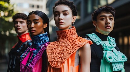 High-tech fashion workshop with designers developing AI-generated clothing patterns and 3D-printed accessories