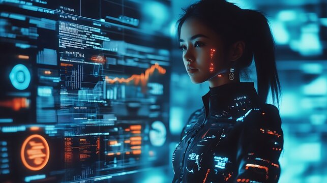 Model wearing futuristic clothing with embedded sensors, standing in front of a digital interface showing real-time data
