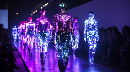 Models wearing futuristic clothing with digital displays showing real-time fashion analytics on a runway