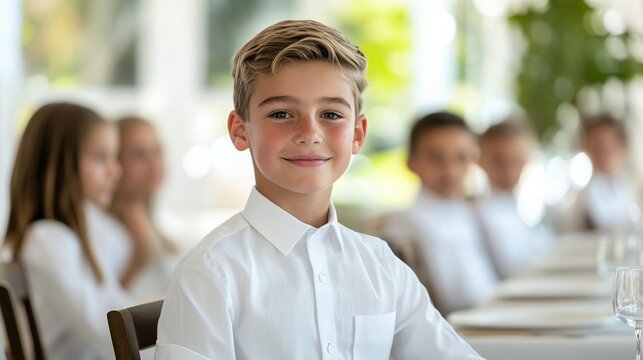Etiquette class for children, with students learning the importance of good manners, sitting properly at a dining table while the instructor demonstrates polite table behavior 