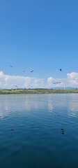 lake Most under the peak Hněvín with castle and lookout, artificial post mining revitalised coal mine small power plant around 