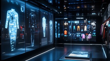 Smart clothing with integrated technology on display in a futuristic fashion store with interactive screens