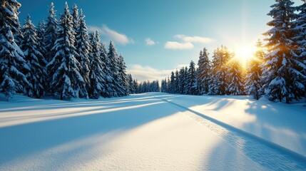 Christmas Background, Snowy forest landscape under a bright winter sun, perfect for peaceful nature scenes.