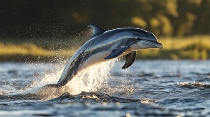 Fototapeta premium A dolphin leaping out of the water with detailed sea spray and the sun reflecting off its smooth, wet skin.