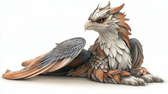 A majestic gryphon resting gracefully, showcasing intricate feather details with a fierce yet tranquil expression on a white background.