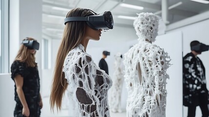 Digital fashion workshop with 3D-printed clothing prototypes and designers collaborating using virtual reality