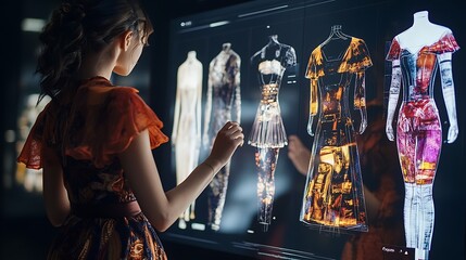 Fashion design process involving AI and algorithms generating clothing concepts on a digital screen