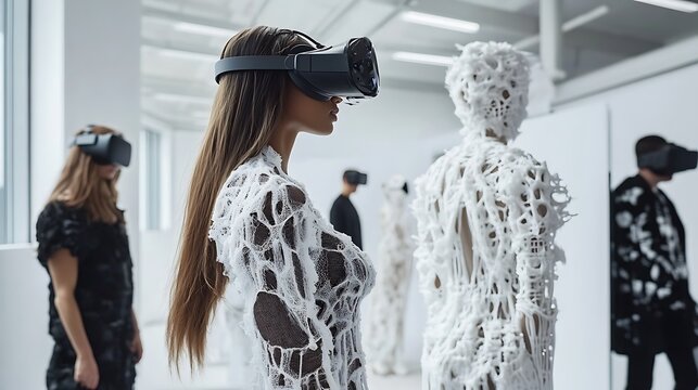 Digital fashion workshop with 3D-printed clothing prototypes and designers collaborating using virtual reality