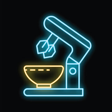 recommend clip art: Glowing neon line icon of a stand mixer whisking dough in a bowl, perfect for projects related to baking, cooking, or kitchen appliances