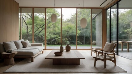 Fototapeta premium AI-Generated Image of a Japandi-Style Modern Minimalist Living Room with Large Floor-to-Ceiling Windows