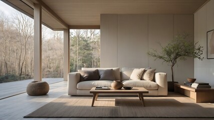 AI-Generated Image of a Japandi-Style Modern Minimalist Living Room with Large Floor-to-Ceiling Windows