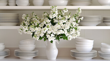 Fototapeta premium Simple minimalist kitchen with open shelving, neutral-toned dishware, and a single vase of fresh flowers on the counter