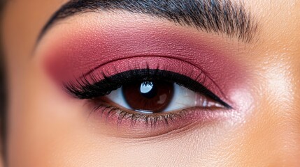 Obraz premium Close-up of a model's eye with sleek, bold burgundy eyeliner perfectly winged, contrasting against soft, neutral eyeshadow, creating a chic and elegant look 