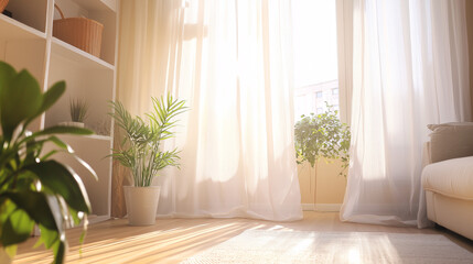Simple, minimalist living room with soft sunlight streaming through white sheer curtains, highlighting the clean lines of the space