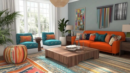A boho-style living room with vibrant furniture, an orange sofa, turquoise chairs, and multicolored textile elements, rug, and wall decor