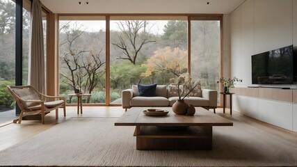 AI-Generated Image of a Japandi-Style Modern Minimalist Living Room with Large Floor-to-Ceiling Windows