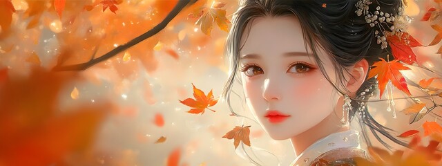 A girl with autumn leaves in her hair, surrounded by golden and red foliage, in the style of Chinese painting