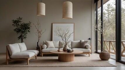 AI-Generated Image of a Japandi-Style Modern Minimalist Living Room with Large Floor-to-Ceiling Windows