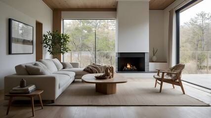 Fototapeta premium AI-Generated Image of a Japandi-Style Modern Minimalist Living Room with Large Floor-to-Ceiling Windows