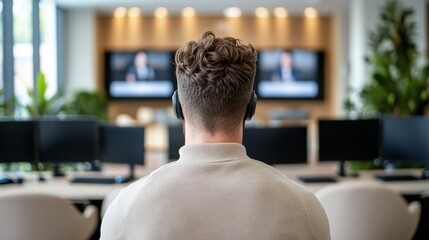 A virtual fundraiser event with a live-streamed auction, the host speaking from a professional studio setting, with viewers bidding from home on luxury items displayed on the screen 