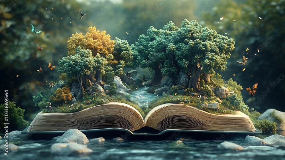 Poster charming 3d scene for world book day showing an open book with a magical landscape unfolding inside 