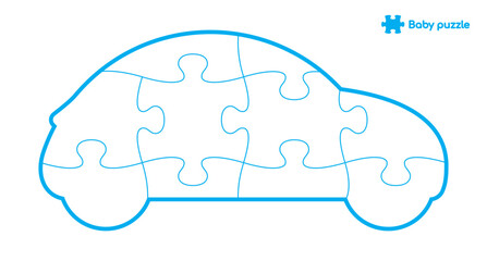 Vector template blue outline of a car composed of puzzle pieces on a white background.