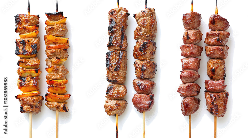 Poster grilled meat skewers with vegetables on a transparent background generative ai