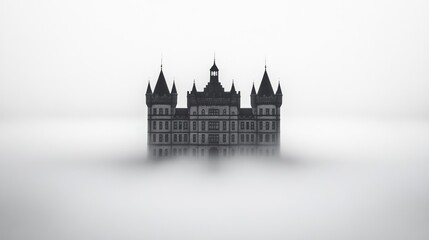 Obraz premium A medieval castle shrouded in fog, with only its towers and turrets piercing through the mist, creating a haunting and dramatic landscape 