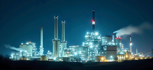 Panoramic night view of an electric power station with bright lights illuminating its towers, pipes, and machinery. The dark, starry sky adds depth to the scene.