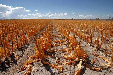 Obraz premium Dried cornfield under a bright blue sky in the midst of a severe drought affecting crops and farmland
