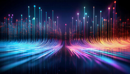 Abstract visualization of information and data exchange, data flow, digital code data streaming on a dark, reflected on the black mirror