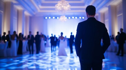 A fun-filled charity gala with guests dancing on a large floor, live music playing on stage, and tables covered in donation envelopes and event programs, all set in a grand ballroom