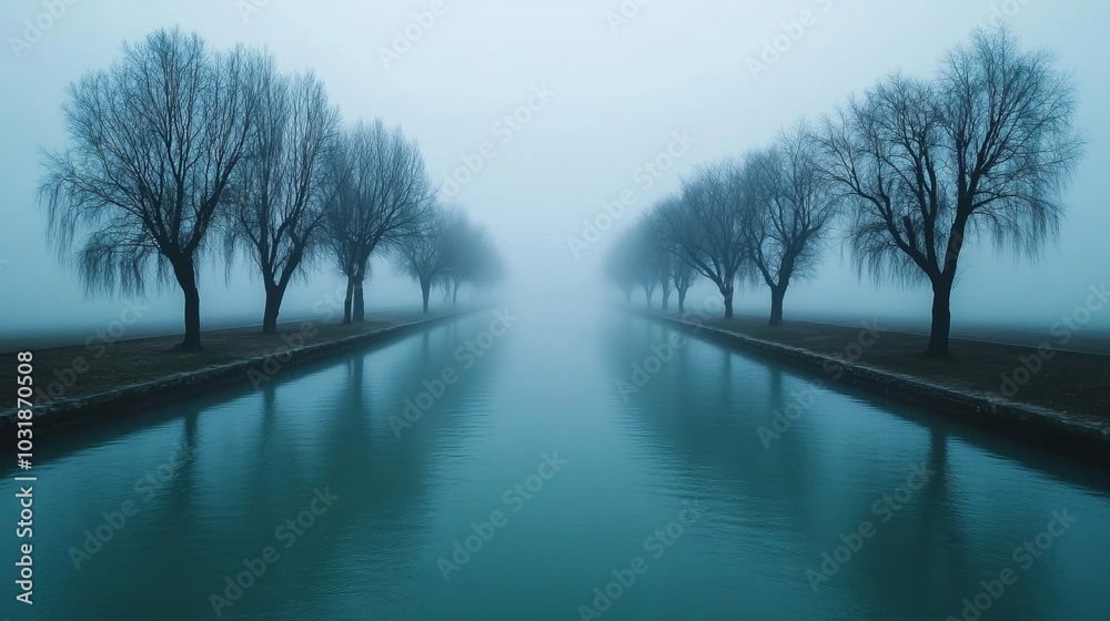 Wall mural A foggy riverbank with willows leaning into the misty water, their branches barely visible as the thick fog creates a serene and mysterious atmosphere 