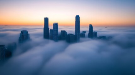 Fototapeta premium A fog-covered city skyline at dawn, with only the tops of skyscrapers peeking through the mist, their outlines softly glowing in the early morning light 