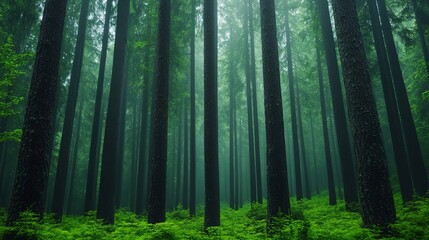 Fototapeta premium A dense, misty forest with towering trees covered in rich forest green foliage, sunlight filtering softly through the leaves, creating a serene and peaceful atmosphere 