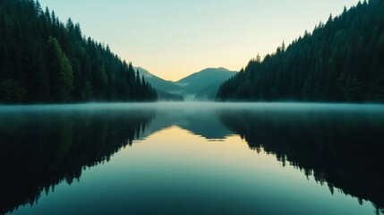 A dense layer of fog gently rolling over a serene lake at sunrise, obscuring the distant trees, with soft sunlight filtering through the mist, creating an ethereal and peaceful scene 