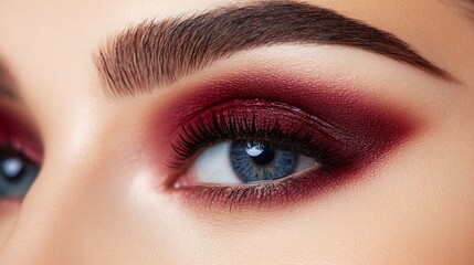 Obraz premium A bold cat-eye created with deep burgundy eyeliner, perfectly outlining the lashes, adding a touch of sophistication and elegance to the overall makeup look 