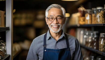 portrait of a happy elder man in his small store, A gray hair owner male in small business