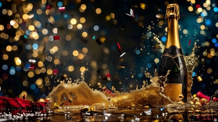 A bottle of champagne exudes elegance amidst a dazzling background of golden glitter and festive bokeh lights. the splash of champagne and vibrant confetti add a sense of celebration,