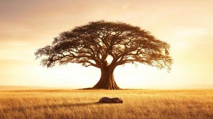 Obraz premium Majestic sunset over a serene landscape featuring a lush tree and a resting hippopotamus in a golden field