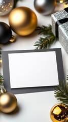 A blank card in an elegant Christmas mockup setting, surrounded by silver and gold ornaments, glittering lights, and a beautifully wrapped gift with a satin ribbon, creating a chic holiday vibe 