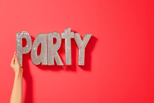 A stylish female hand in a vibrant party dress points towards glowing, bold party text, surrounded by colorful confetti. party c xmas/new years banner/web/design - Powered by Adobe