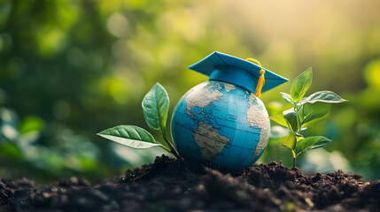 Global education concept, Earth wearing graduation cap, sustainability and learning, eco-friendly education, green future, academic growth, environmental awareness in education