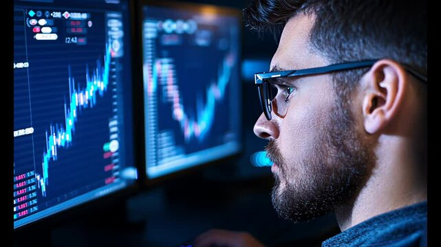 Trader analyzing market trends on multiple screens at night in a modern office setting